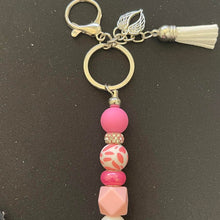 Load image into Gallery viewer, Hand Crafted Pink and white Tassel keychain purse clip with AngelWing Charm