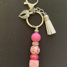 Load image into Gallery viewer, Hand Crafted Pink and white Tassel keychain purse clip with AngelWing Charm