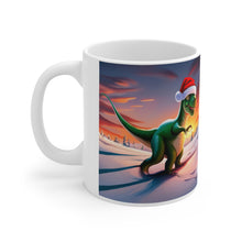 Load image into Gallery viewer, Dinosaur Raptor Rocks Christmas Santa Red Hat Ceramic Mug 11oz Design #2 Mirrored Images
