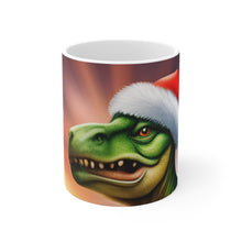 Load image into Gallery viewer, Dinosaur Raptor Rocks Christmas Santa Red Hat Ceramic Mug 11oz design #4 Wrap-a-round