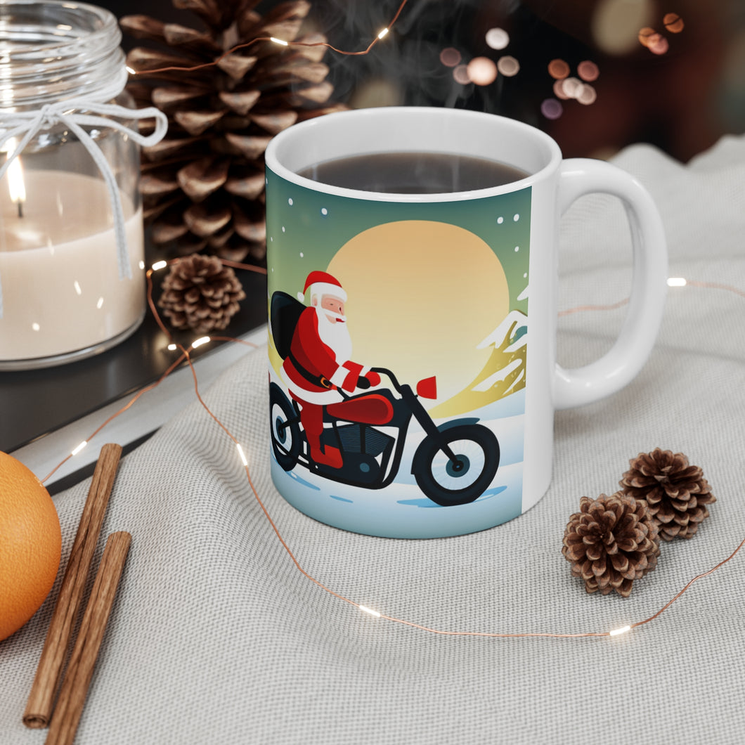 Rudolph on Holiday Cycling Santa Ceramic Mug 11oz Design #3