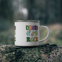 Load image into Gallery viewer, Raptor Dinosaurs Dinos Rock this Place Enamel Campfire 12oz Stainless Steel Mug image Repeats