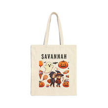 Load image into Gallery viewer, Custom Customize Trick-or-Treat Halloween Kids Hoodie Cotton Canvas Tote Bag 15" x 16" Spooky Ghost, Jack-O-Lantern,  Candy Cones Candy
