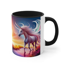 Load image into Gallery viewer, Imaginary Pink Pastel Unicorn with Beautiful Rainbow Facing Off as the Sky Explodes Vibrant Colors Accent Coffee 11oz Mug AI Generated Image