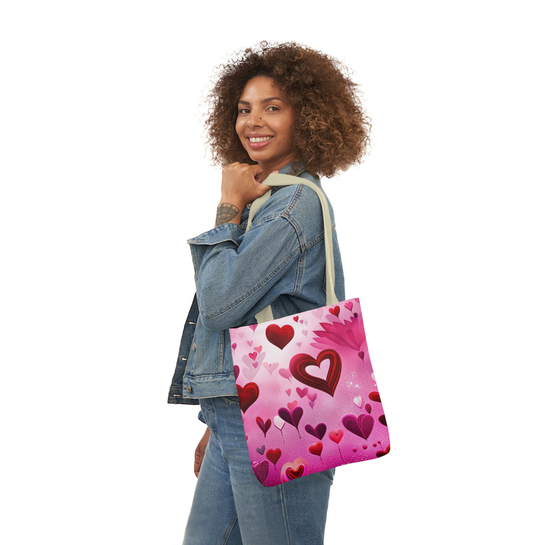 Pink Floating Hearts Fashion Graphic Print Trendy 100% Polyester Canvas Tote Bag #3