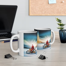 Load image into Gallery viewer, Here Comes Motorcycling Santa 11 oz Ceramic Mug Package Delivery Wrap-a-round #1