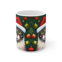 Load image into Gallery viewer, Fancy Gray Kitty Christmas Vibes Ceramic Mug 11oz Design #4 Mirrored Image