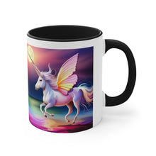 Load image into Gallery viewer, Imaginary Pink Pastel Unicorn with Beautiful Wings Facing Off at Midnight Accent Coffee 11oz Mug AI Generated Image