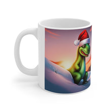Load image into Gallery viewer, Dinosaur Raptor Rocks Christmas Santa Red Hat Ceramic Mug 11oz Design #3 Mirrored Images