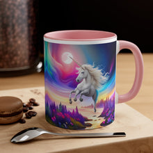 Load image into Gallery viewer, Imaginary Unicorns in a Sea of Butterflies with Beautiful Mane Facing Off at the Moon Vibrant Colors Accent Coffee 11oz Mug AI Generated Image