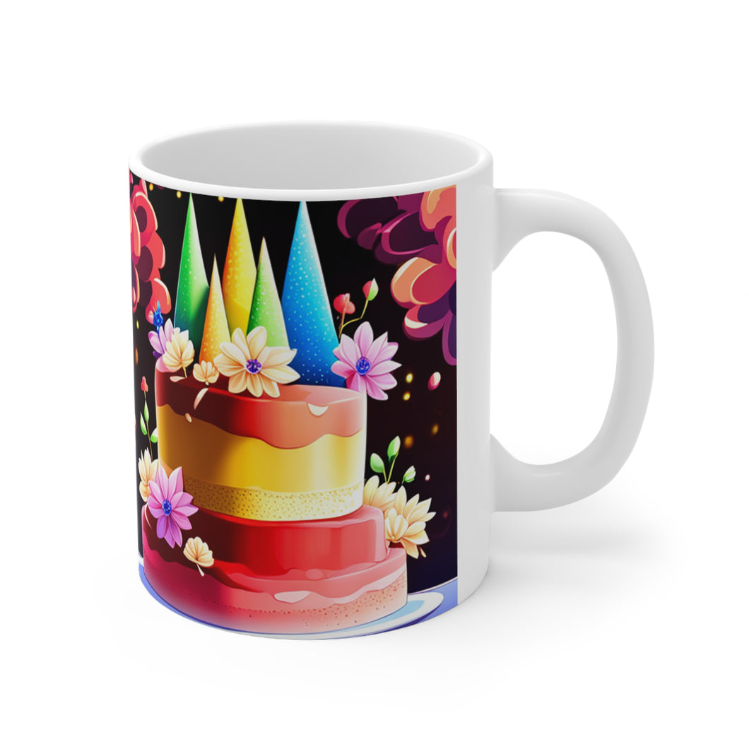 Happy Birthday Rainbow Cake Celebration #27 Ceramic 11oz Mug AI-Generated Artwork