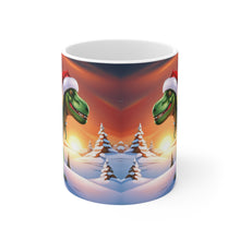 Load image into Gallery viewer, Dinosaur Raptor Rocks Christmas Santa Red Hat Ceramic Mug 11oz Design #1 Mirrored Images