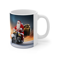 Load image into Gallery viewer, Here Comes Motorcycling Santa Bringing Gifts 11 oz Ceramic Mug Package Delivery Wrap-a-round #2
