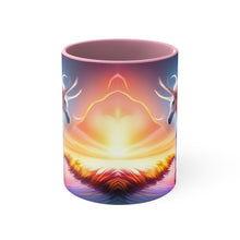 Load image into Gallery viewer, Imaginary Pink Pastel Unicorn with Beautiful Rainbow Facing Off as the Sky Explodes Vibrant Colors Accent Coffee 11oz Mug AI Generated Image