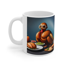 Load image into Gallery viewer, Thanksgiving Too Stuffed to Fly Turkey All Dressed up and Nowhere to Go Ceramic Mug 11oz Design #6 Mirrored Images