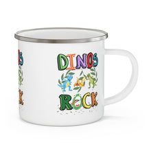 Load image into Gallery viewer, Raptor Dinosaurs Dinos Rock this Place Enamel Campfire 12oz Stainless Steel Mug image Repeats