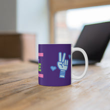 Load image into Gallery viewer, Pastel Because Love Matters, Peace Splash Peace Fingers Purple 11oz Coffee Mug Wrap-a-round Design