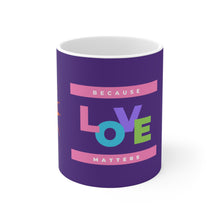 Load image into Gallery viewer, Pastel Because Love Matters, Peace Splash Peace Fingers Purple 11oz Coffee Mug Wrap-a-round Design