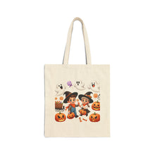 Load image into Gallery viewer, Trick-or-Treat Halloween Kids Witch Cowboy & Cowgirl Cotton Canvas Tote Bag 15" x 16" Spooky Ghost, Jack-O-Lantern,  Candy Cones Candy