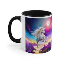 Load image into Gallery viewer, Imaginary Unicorns in a Sea of Butterflies with Beautiful Mane Facing Off at the Moon Vibrant Colors Accent Coffee 11oz Mug AI Generated Image