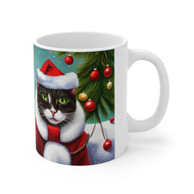 Load image into Gallery viewer, Personalized Mischievous Gray Kitty Christmas Vibes Ceramic Mug 11oz Design #1Custom