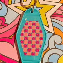 Load image into Gallery viewer, Pink blue Retro Motel Acrylic Message Keychain with checker print