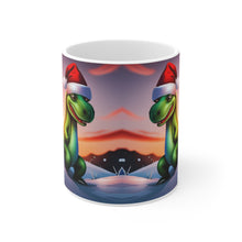 Load image into Gallery viewer, Dinosaur Raptor Rocks Christmas Santa Red Hat Ceramic Mug 11oz Design #3 Mirrored Images