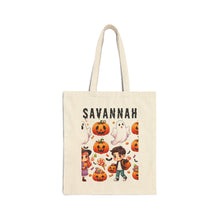 Load image into Gallery viewer, Custom Customize Trick-or-Treat Halloween Kids Cotton Canvas Tote Bag 15" x 16" Spooky Ghost, Jack-O-Lantern,  Candy Cones Candy