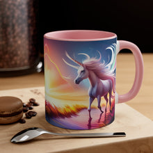Load image into Gallery viewer, Imaginary Pink Pastel Unicorn with Beautiful Rainbow Facing Off as the Sky Explodes Vibrant Colors Accent Coffee 11oz Mug AI Generated Image