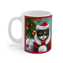 Load image into Gallery viewer, Fancy Mischievous Gray Kitty Christmas Vibes Ceramic Mug 11oz Design #1