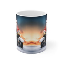 Load image into Gallery viewer, Here Comes Motorcycling Santa Bringing Gifts 11 oz Ceramic Mug Package Delivery Wrap-a-round #2
