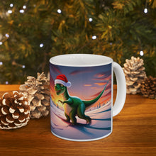 Load image into Gallery viewer, Dinosaur Raptor Rocks Christmas Santa Red Hat Ceramic Mug 11oz Design #2 Mirrored Images
