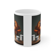 Load image into Gallery viewer, Thanksgiving Too Stuffed Candlelight Turkey All Dressed up and Nowhere to Go Ceramic Mug 11oz Left right