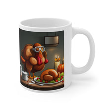 Load image into Gallery viewer, Thanksgiving Too Stuffed Candlelight Turkey All Dressed up and Nowhere to Go Ceramic Mug 11oz Left right
