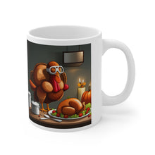 Load image into Gallery viewer, Thanksgiving Too Stuffed Candlelight Turkey All Dressed up and Nowhere to Go Ceramic Mug 11oz Left right