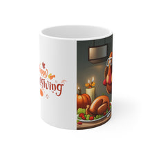 Load image into Gallery viewer, Happy Thanksgiving Too Stuffed Candlelight Turkey All Dressed up and Nowhere to Go 11oz Ceramic Mug