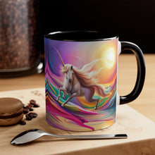 Load image into Gallery viewer, Imaginary Pink Pastel Jumping Unicorn with Beautiful Mane Facing Off into a Sea of Vibrant Colors Accent Coffee 11oz Mug AI Generated Image