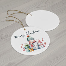 Load image into Gallery viewer, 2024 Merry Christmas White Round Ceramic Ornament Pastel Watercolors Snow Girls 3" x 3"
