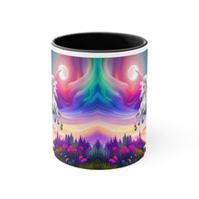 Load image into Gallery viewer, Imaginary Unicorns in a Sea of Butterflies with Beautiful Mane Facing Off at the Moon Vibrant Colors Accent Coffee 11oz Mug AI Generated Image