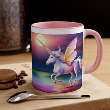 Load image into Gallery viewer, Imaginary Pink Pastel Unicorn with Beautiful Wings Facing Off at Midnight Accent Coffee 11oz Mug AI Generated Image