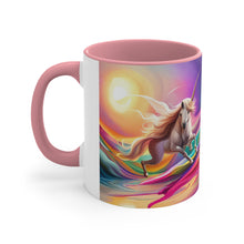 Load image into Gallery viewer, Imaginary Pink Pastel Jumping Unicorn with Beautiful Mane Facing Off into a Sea of Vibrant Colors Accent Coffee 11oz Mug AI Generated Image
