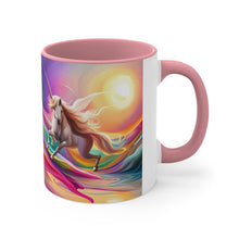Load image into Gallery viewer, Imaginary Pink Pastel Jumping Unicorn with Beautiful Mane Facing Off into a Sea of Vibrant Colors Accent Coffee 11oz Mug AI Generated Image