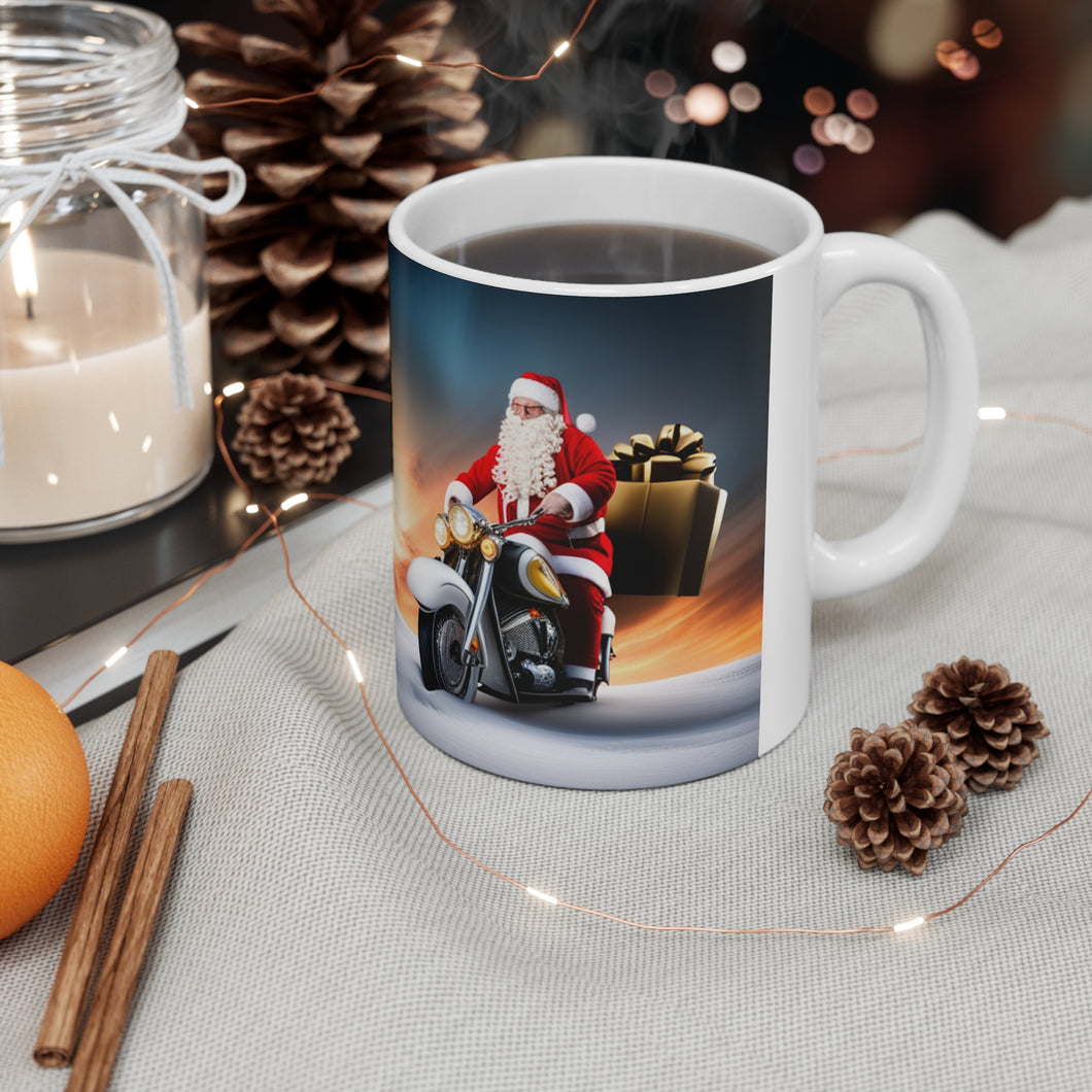 Here Comes Motorcycling Santa Bringing Gifts 11 oz Ceramic Mug Package Delivery Wrap-a-round #2