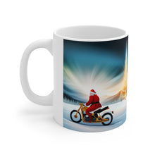 Load image into Gallery viewer, Here Comes Motorcycling Santa 11 oz Ceramic Mug Package Delivery Wrap-a-round #1

