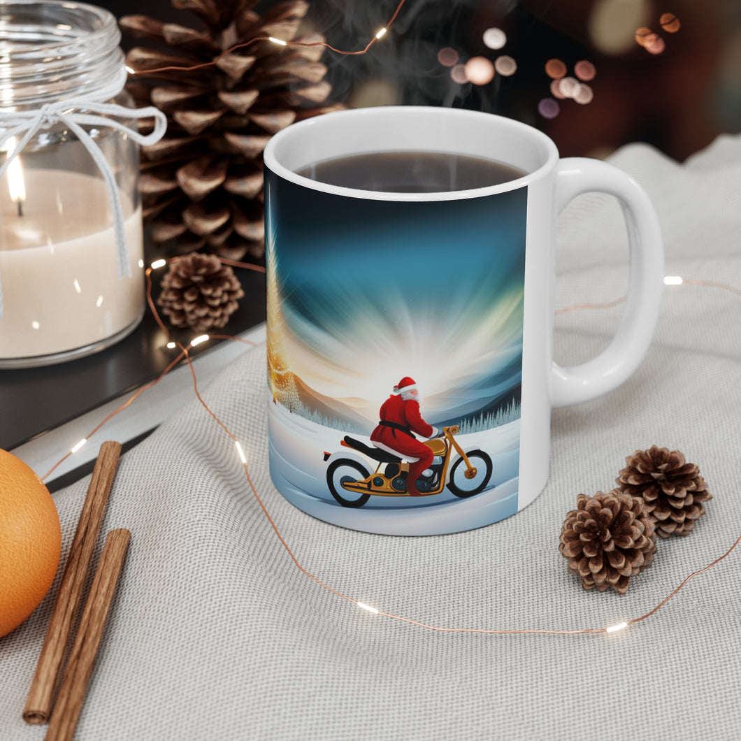 Here Comes Motorcycling Santa 11 oz Ceramic Mug Package Delivery Wrap-a-round #1