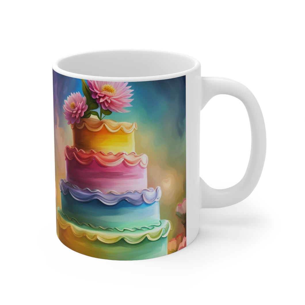 Happy Birthday Rainbow Cake Celebration #31 Ceramic 11oz Mug AI-Generated Artwork