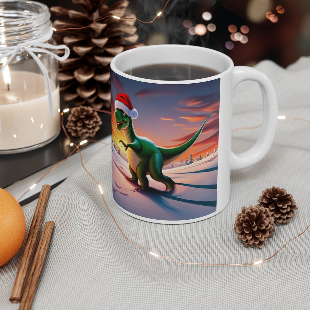 Personalized Dinosaur Raptor Rocks Christmas Santa Red Hat Ceramic Mug 11oz Design #2 Custom