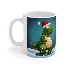 Load image into Gallery viewer, Dinosaur Raptor Rocks Christmas Santa Red Hat Ceramic Mug 11oz Design #5 Mirrored Images