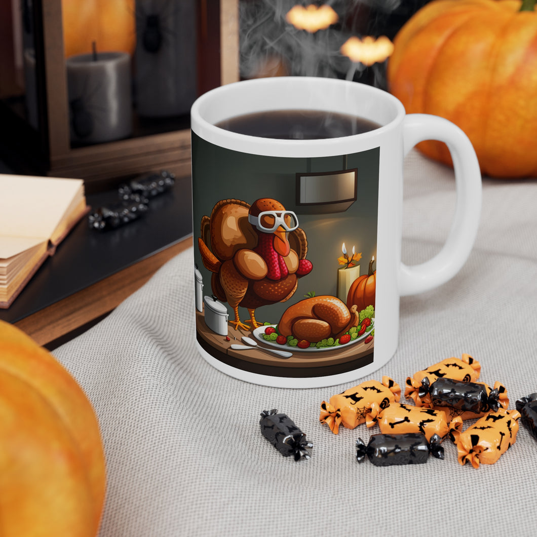 Thanksgiving Too Stuffed Candlelight Turkey All Dressed up and Nowhere to Go Ceramic Mug 11oz Left right