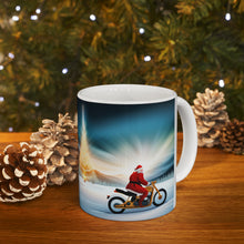 Load image into Gallery viewer, Here Comes Motorcycling Santa 11 oz Ceramic Mug Package Delivery Wrap-a-round #1